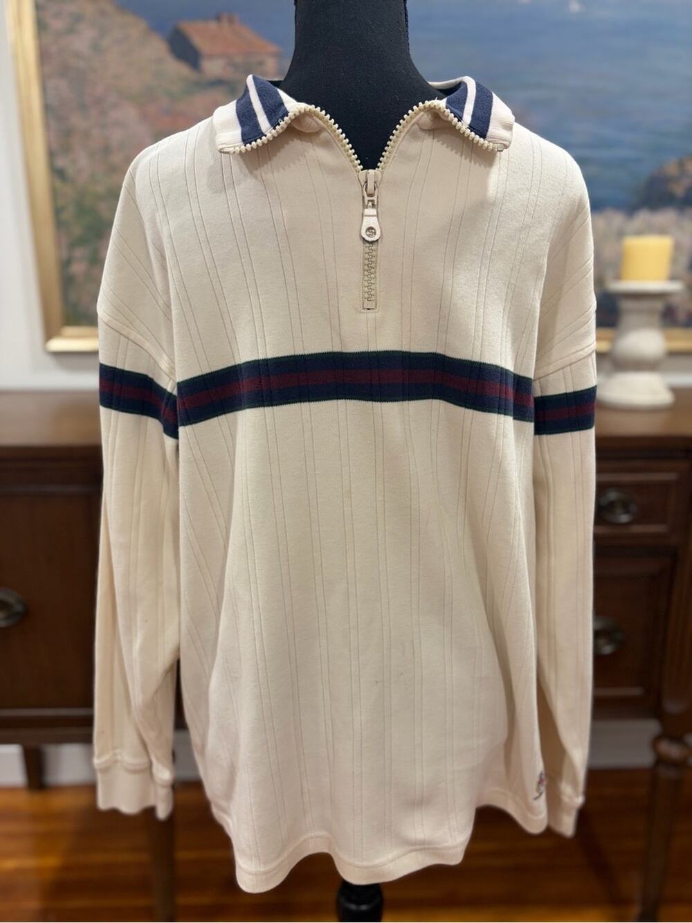 Vintage Tommy Hilfiger Quarter-Zip with Navy and Red Stripes 100% Cotton